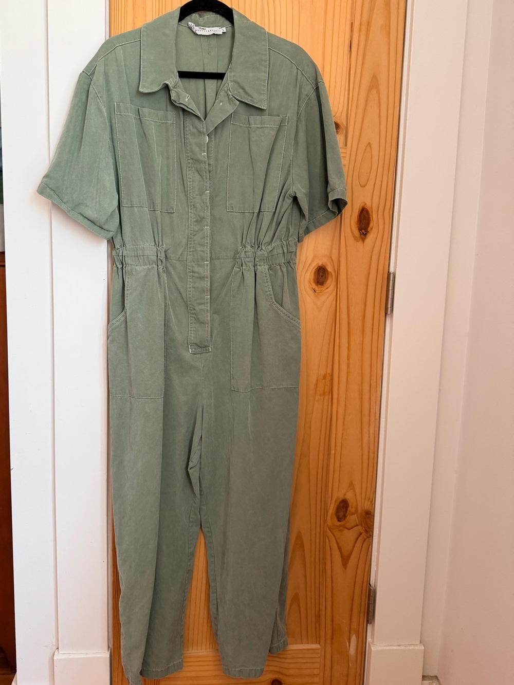 Elastic-Waist Short-Sleeve Jumpsuit in Sage Green